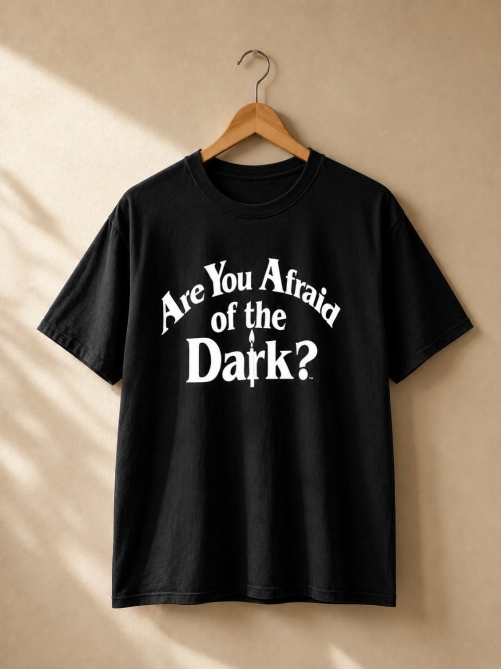 Gildan Black Tee with White "Are You Afraid of the Dark?" Graphic